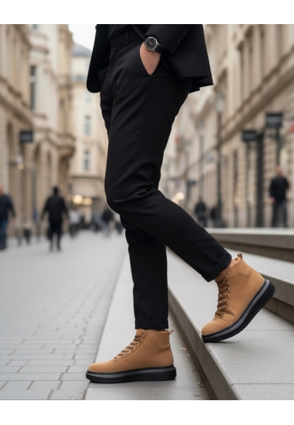 BA0713 Bağcıklı Yüksek Taba Süet Siyah Taban Erkek Tarz Spor Bot