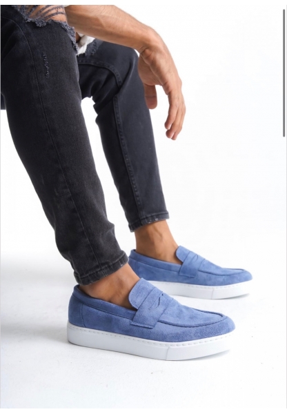 BA0580 Bağcıksız Kuşaklı Yüksek Taban Mavi Süet Erkek Ayakkabı