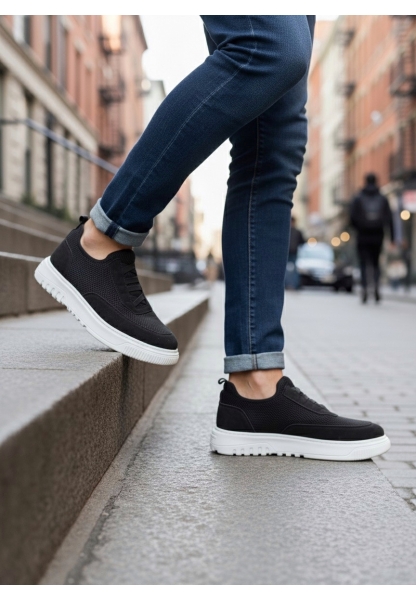 BA0911 Özel Örme Triko Deri Tozu Detaylı Siyah Günlük Spor Ayakkabı 