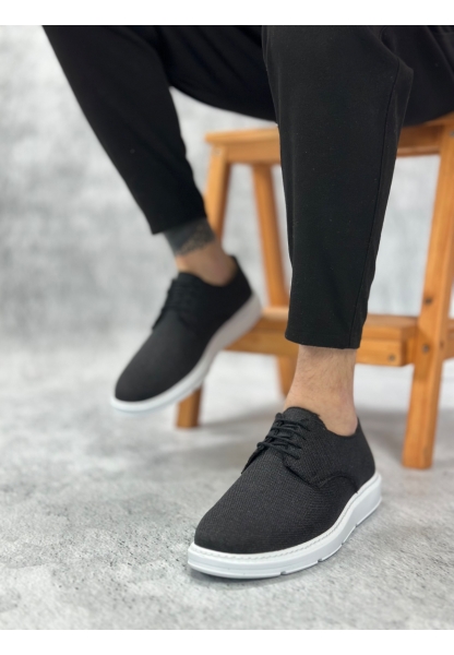 BA0003 Bağcıklı Klasik Spor Keten Siyah Beyaz Taban Casual Erkek Ayakkabı