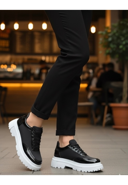 BA0243 Bağcıklı Rugan Paraşüt Detaylı Yüksek Taban Siyah Erkek Ayakkabı