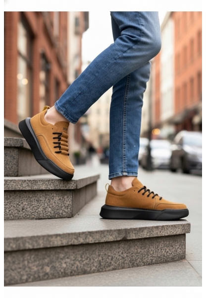 BA0332 Merdiven Desen Bağcıklı Erkek Yüksek Taban Taba Süet Siyah Taban Spor Ayakkabı