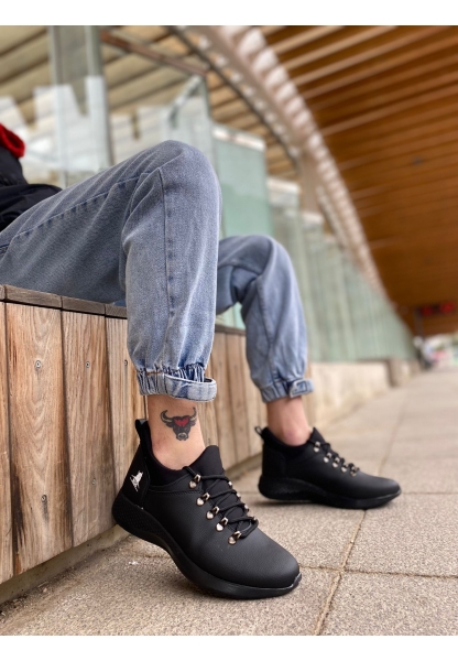BA0601 Bağcıklı Rahat Yüksek Taban Siyah Casual Erkek Spor Ayakkabı