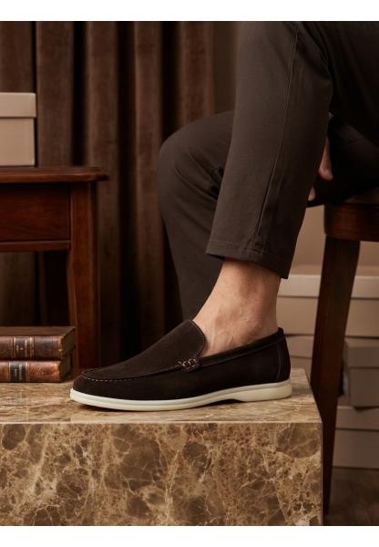 BA0252 %100 İçi Dışı Hakiki Deri Erkek Kahverengi Süet Casual Loafer Termo Taban Ayakkabı