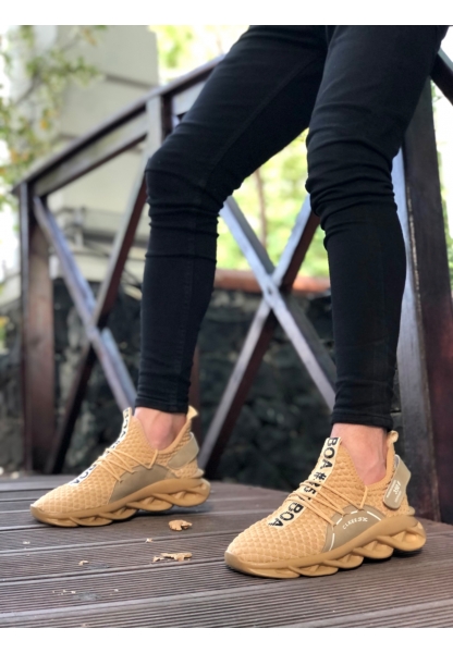 BA0350 Yüksek Taban Tarz Sneakers Cırt Detaylı Krem Erkek Spor Ayakkabısı