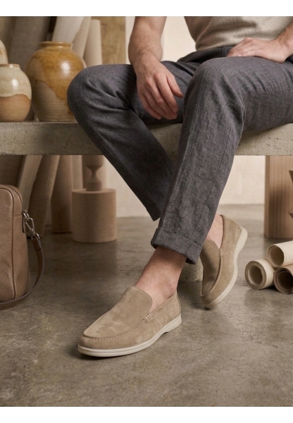 BA0252 %100 İçi Dışı Hakiki Deri Erkek Krem Süet Casual Loafer Termo Taban Ayakkabı