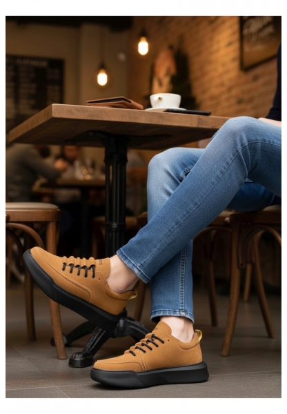 BA0332 Merdiven Desen Bağcıklı Erkek Yüksek Taban Taba Süet Siyah Taban Spor Ayakkabı