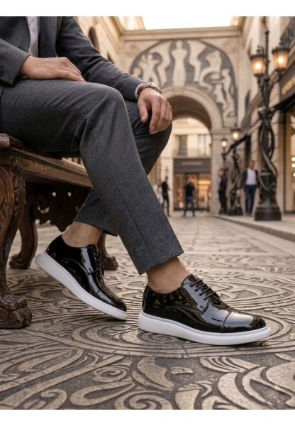 BA0003 Siyah Kapaklı Burun Bağcıklı Rugan Beyaz Taban Erkek Oxford Ayakkabı