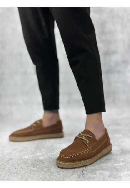 BA0358 BOA Doğal Deri Tozu Bağcıklı Kauçuk El Yapımı Espadril Taban Taba Renk Erkek Ayakkabı