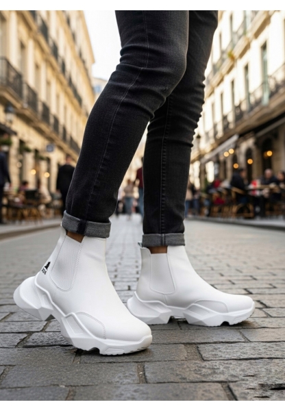 BA0444 Bağcıksız Rahat Yüksek Taban Beyaz Erkek Spor Yarım Bilek Bot