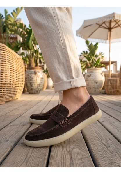 BA0251 %100 İçi Dışı Hakiki Deri Erkek Kahverengi Süet Casual Loafer Kauçuk Rahat Taban Dikişli Ayakkabı