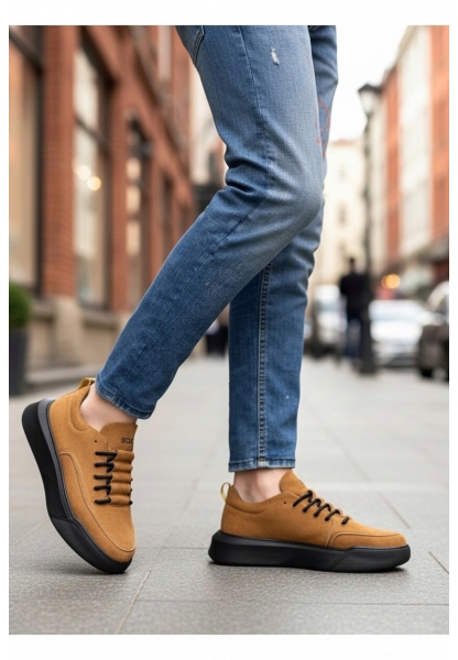 BA0332 Merdiven Desen Bağcıklı Erkek Yüksek Taban Taba Süet Siyah Taban Spor Ayakkabı