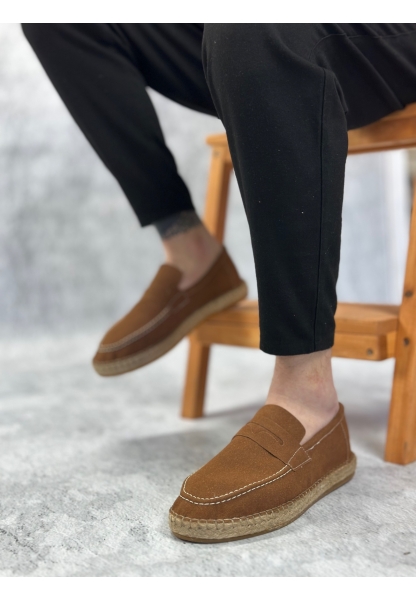 BA0359 BOA Doğal Deri Tozu Bağcıksız Kauçuk El Yapımı Espadril Taban Taba Renk Erkek Ayakkabı