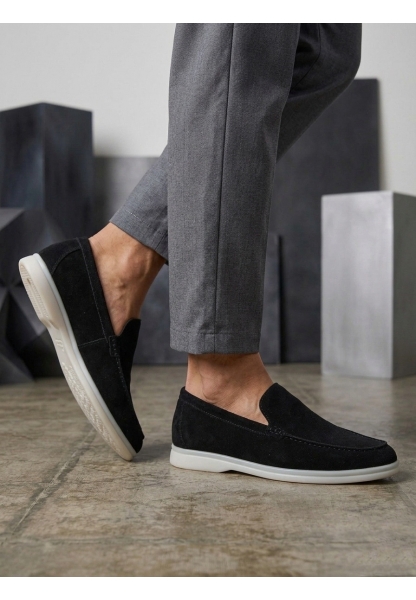 BA0252 %100 İçi Dışı Hakiki Deri Erkek Siyah Süet Casual Loafer Termo Taban Ayakkabı