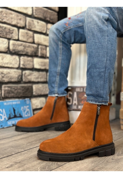 BA0315 İçi Dışı Hakiki Deri Süet Taba Çift Fermuarlı Erkek Yarım Bilek Bot