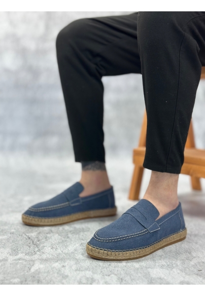 BA0359 BOA Doğal Deri Tozu Bağcıksız Kauçuk El Yapımı Espadril Taban Mavi Renk Erkek Ayakkabı