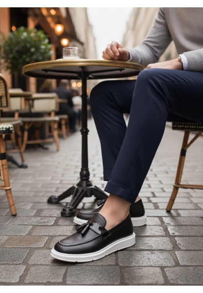 BA0005 Bağcıksız Yüksek Taban Klasik Püsküllü Corcik Erkek Ayakkabı Siyah Beyaz