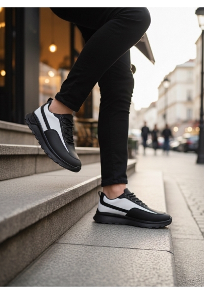 BA0246 Siyah Beyaz Parçalı Bağcıklı Yüksek Taban Günlük Erkek Ayakkabı