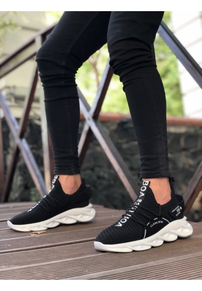 BA0350 Yüksek Taban Tarz Sneakers Cırt Detaylı Siyah Beyaz Tabanlı Erkek Spor Ayakkabısı