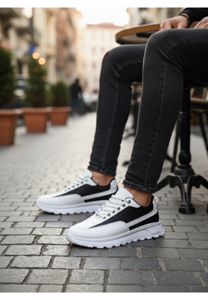 BA0246 Beyaz Siyah Parçalı Bağcıklı Yüksek Taban Günlük Erkek Ayakkabı