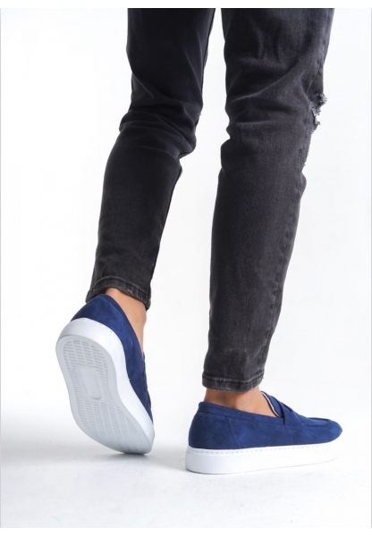 BA0580 Bağcıksız Kuşaklı Yüksek Taban Lacivert Süet Erkek Ayakkabı
