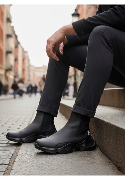 BA0444 Bağcıksız Rahat Yüksek Taban Siyah Erkek Spor Yarım Bilek Bot