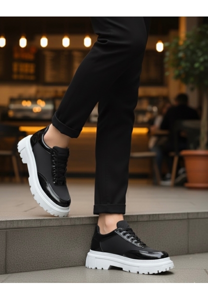 BA0243 Bağcıklı Rugan Paraşüt Detaylı Yüksek Taban Siyah Erkek Ayakkabı